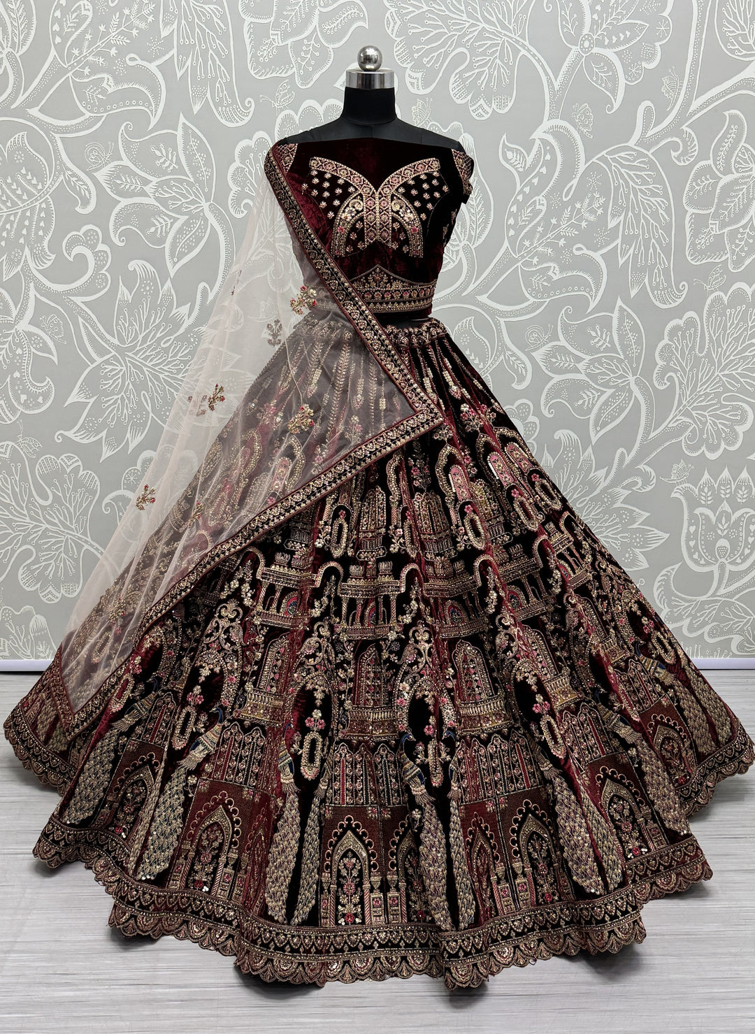 Velvet Lehenga with Intricate Thread & Sequin Embroidery | Elegant Ethnic Attire