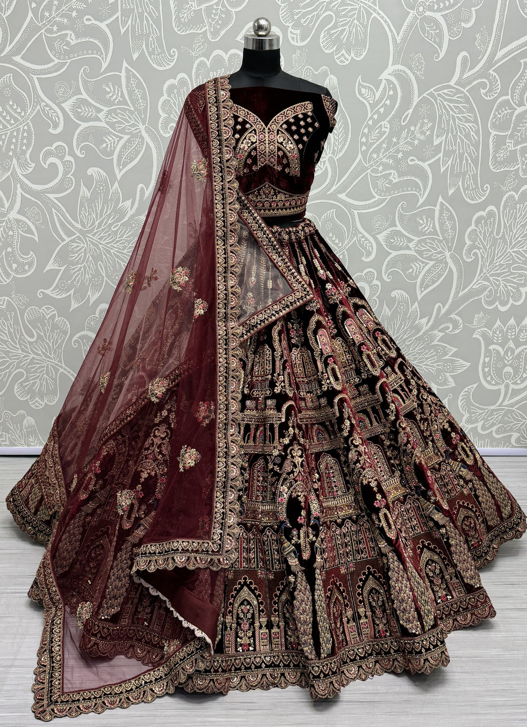 Velvet Lehenga with Intricate Thread & Sequin Embroidery | Elegant Ethnic Attire