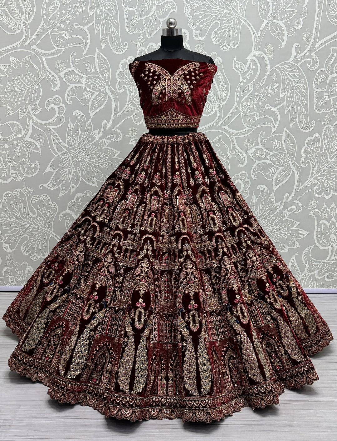 Velvet Lehenga with Intricate Thread & Sequin Embroidery | Elegant Ethnic Attire