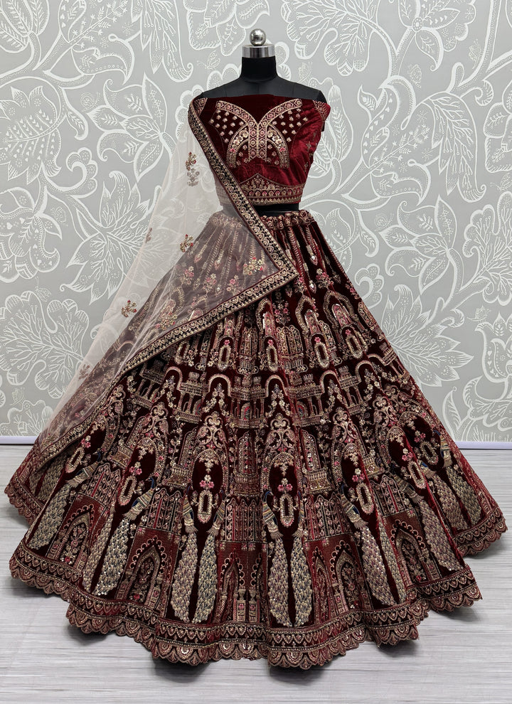 Velvet Lehenga with Intricate Thread & Sequin Embroidery | Elegant Ethnic Attire