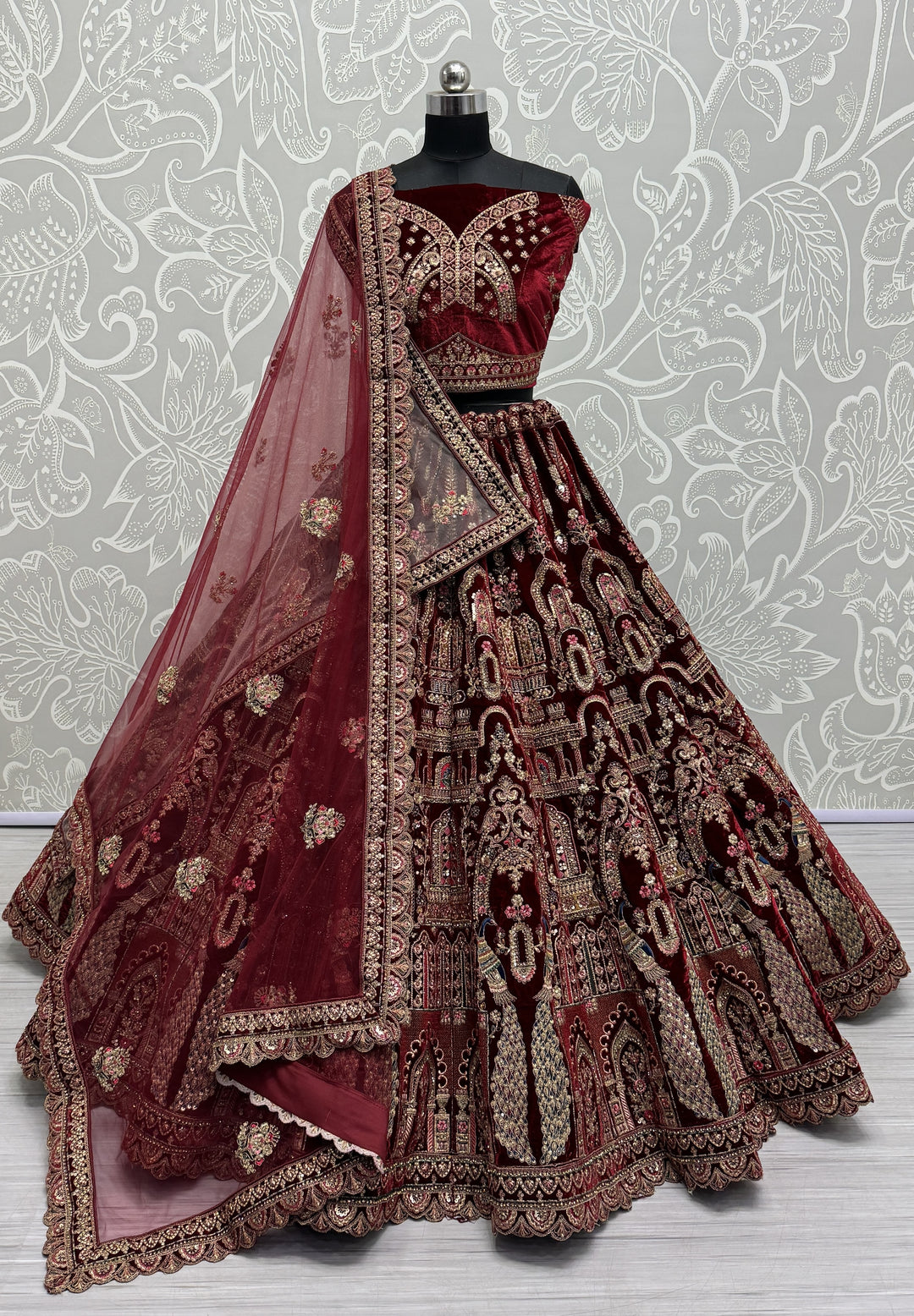 Velvet Lehenga with Intricate Thread & Sequin Embroidery | Elegant Ethnic Attire