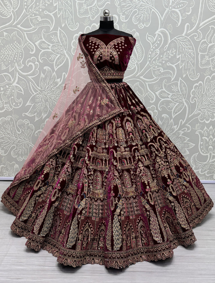 Velvet Lehenga with Intricate Thread & Sequin Embroidery | Elegant Ethnic Attire