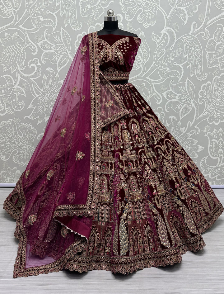 Velvet Lehenga with Intricate Thread & Sequin Embroidery | Elegant Ethnic Attire