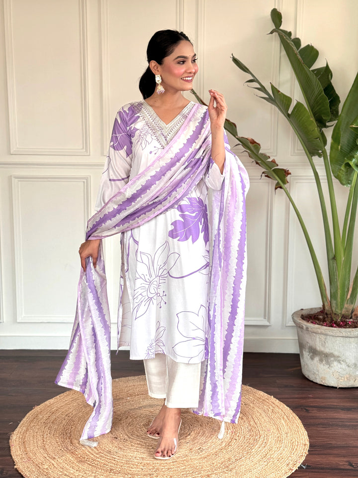 Elegant White Rayon Salwar Kameez with Lilac Floral Prints | Perfect for Casual and Festive Wear