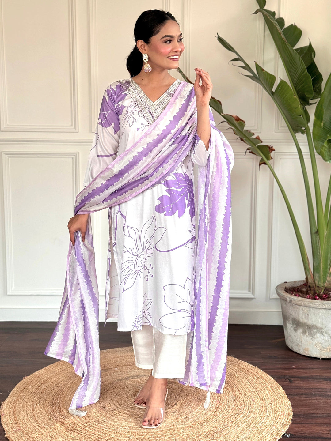 Bewitching White Printed Rayon Festival Wear Suit Pant With Dupatta