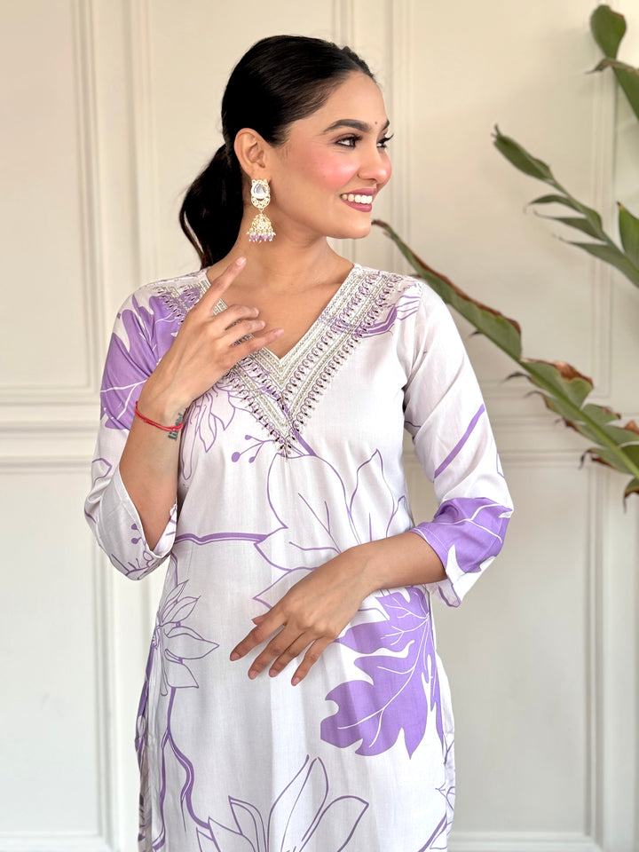 Elegant White Rayon Salwar Kameez with Lilac Floral Prints | Perfect for Casual and Festive Wear