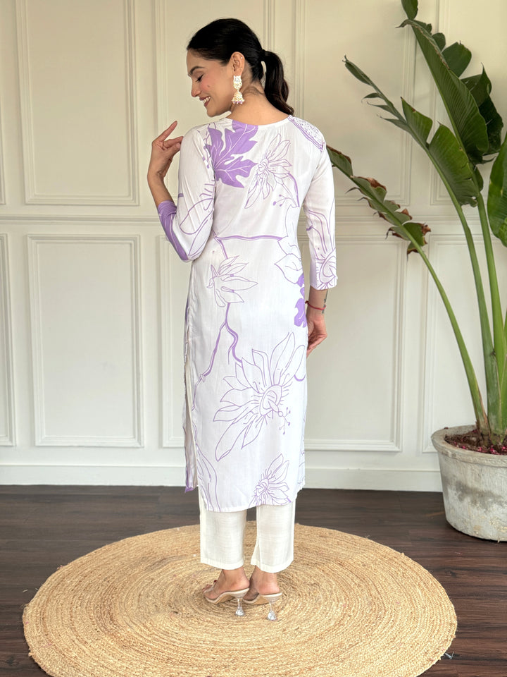 Elegant White Rayon Salwar Kameez with Lilac Floral Prints | Perfect for Casual and Festive Wear