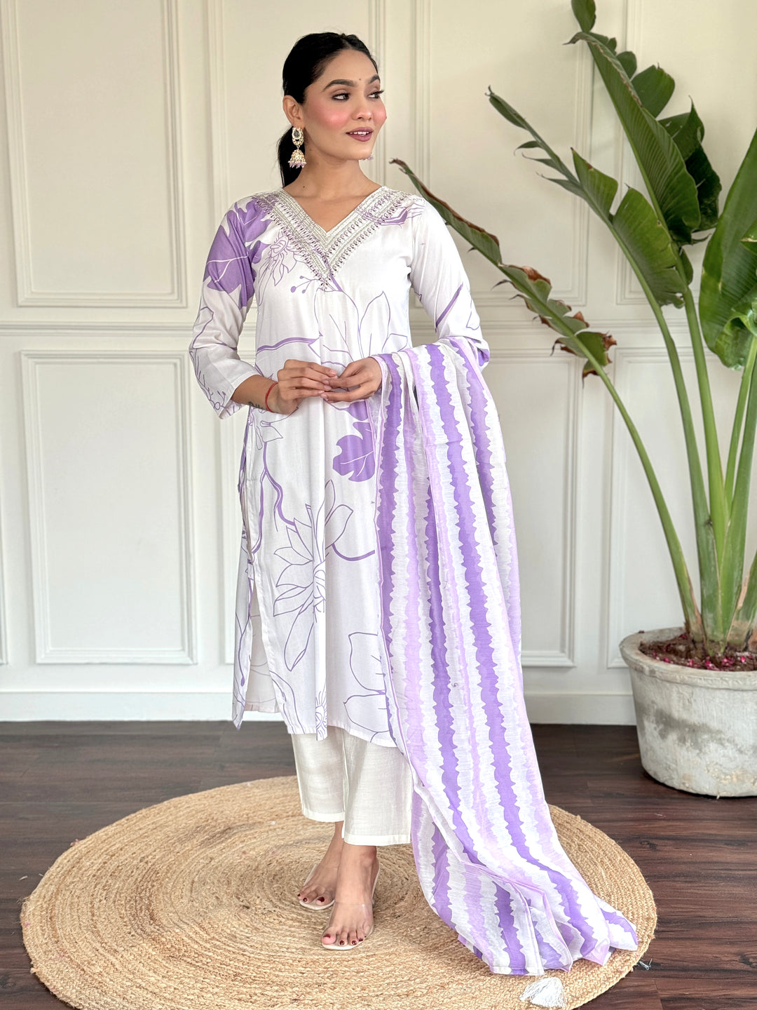 Elegant White Rayon Salwar Kameez with Lilac Floral Prints | Perfect for Casual and Festive Wear