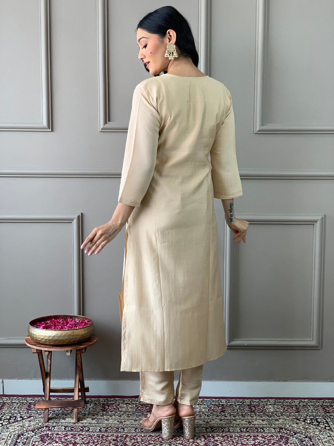 Beautiful Beige Embroidered Chanderi Silk Event Wear Suit Pant