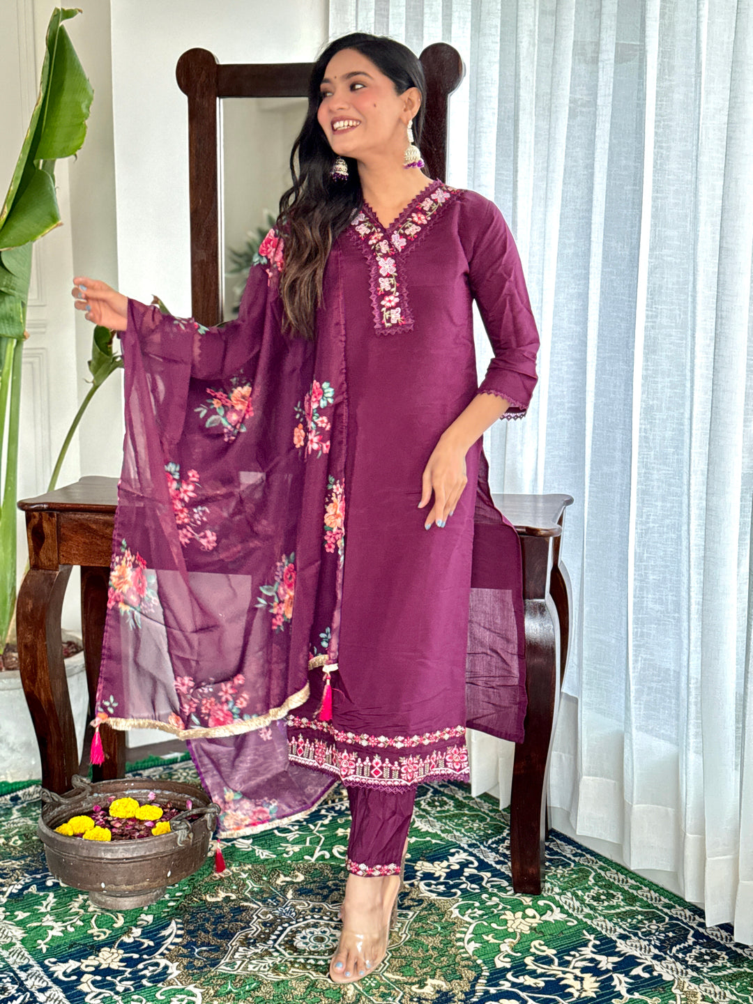 Chanderi Salwar Kameez with Elegant Embroidery and vibrant Dupatta | Festive Wear for Women