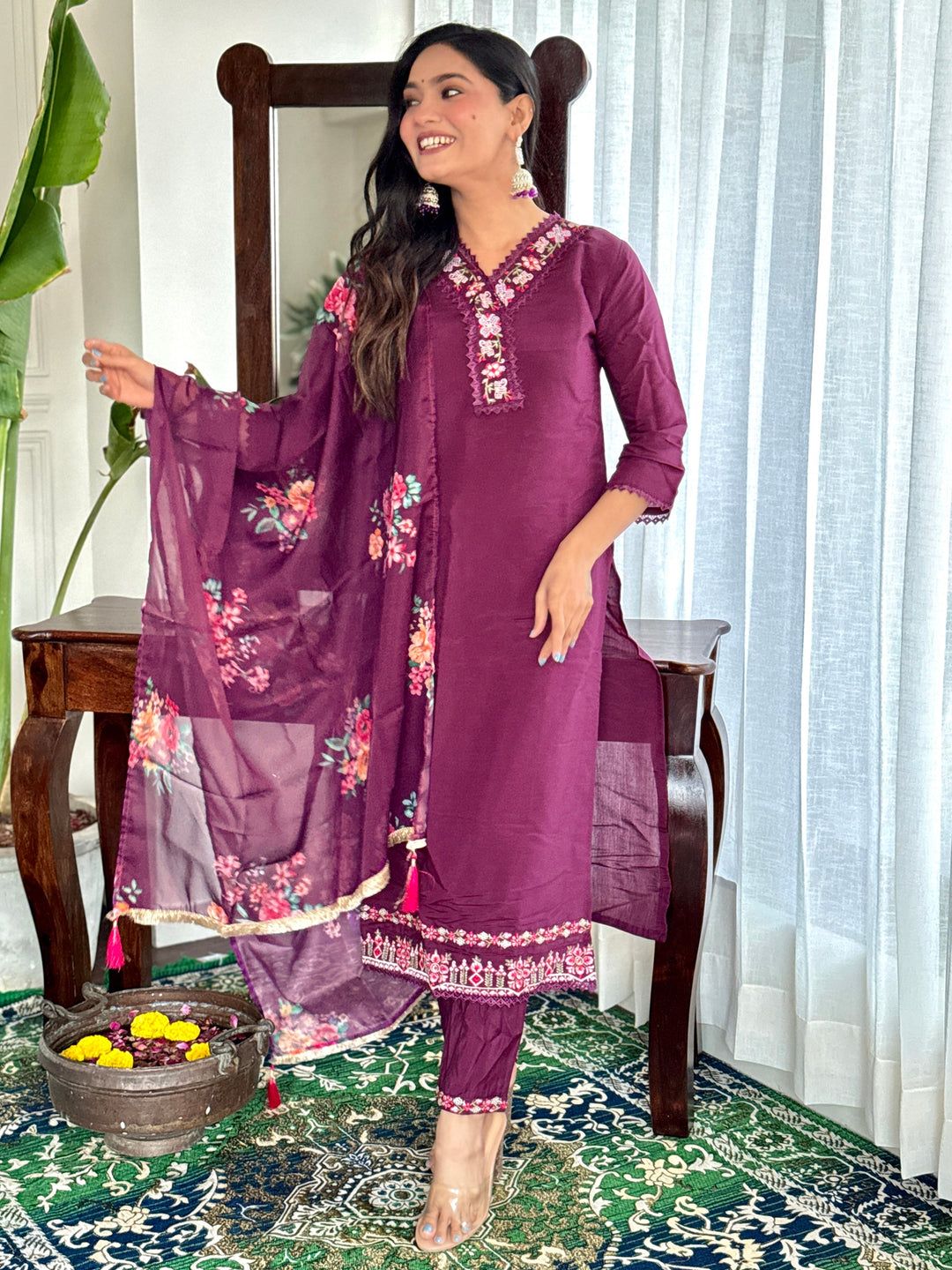 Exquisite Burgundy Chanderi Silk Kameez Set | Perfect for Festive Celebrations