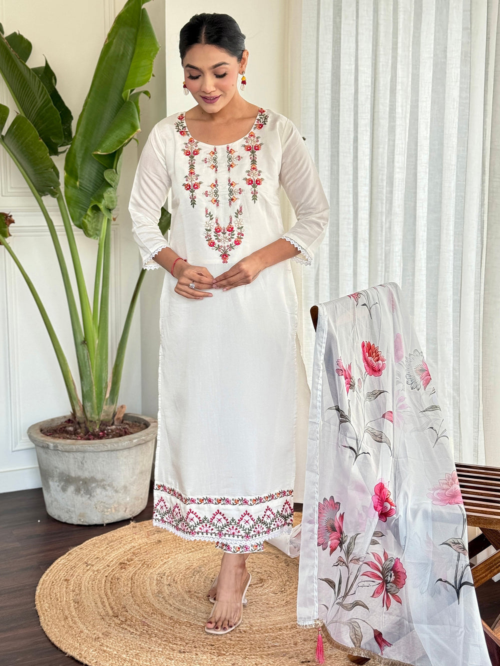 Attractive White Embroidered Rayon Traditional Pant Suit With Dupatta