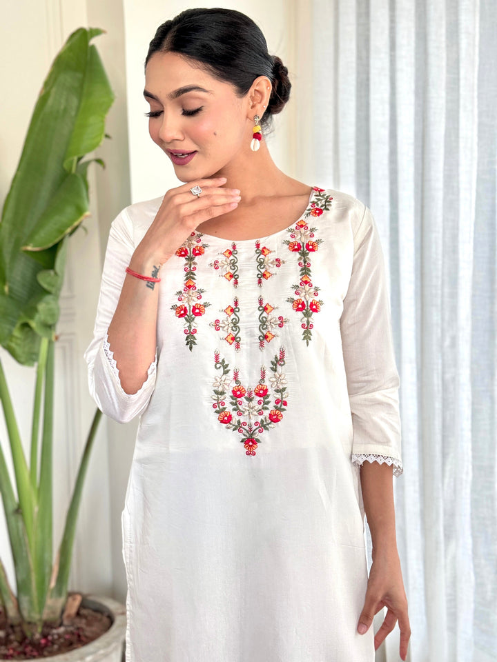 Attractive White Embroidered Rayon Traditional Pant Suit With Dupatta