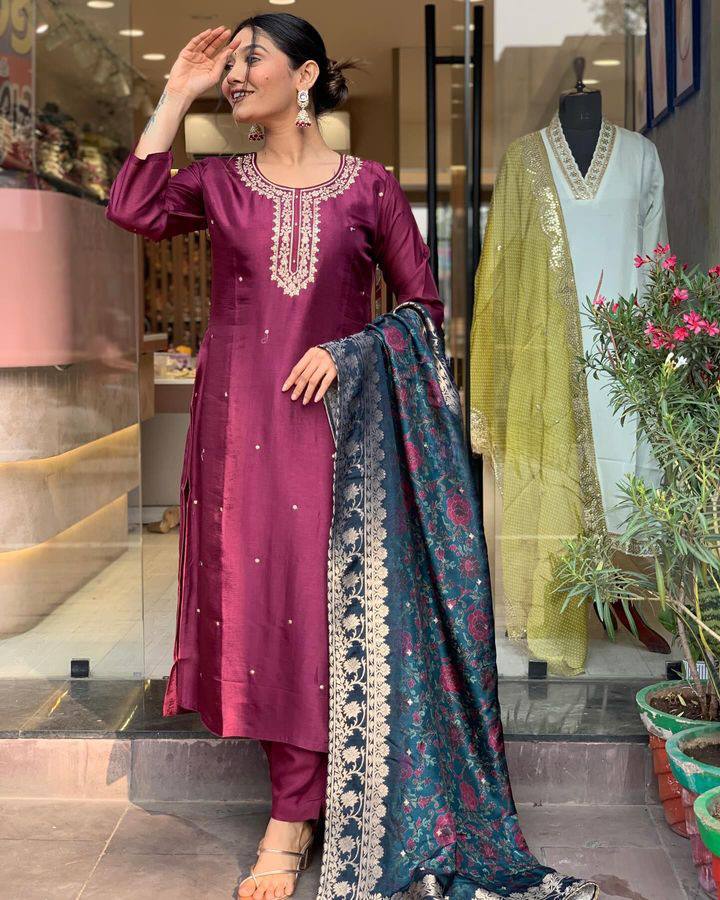 Elegant Burgundy Viscose Rayon Salwar Kameez with Embroidered Detailing | Perfect for Festive and Wedding Wear