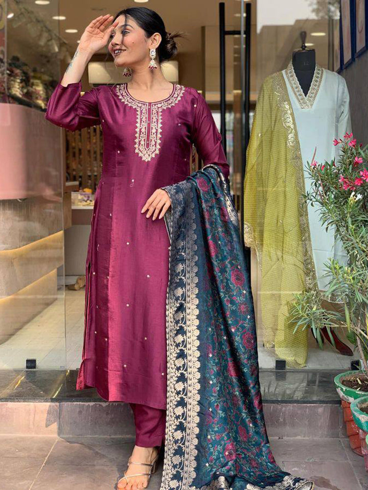 Gorgeous Burgundy Embroidered Rayon Pant Suit With Dupatta