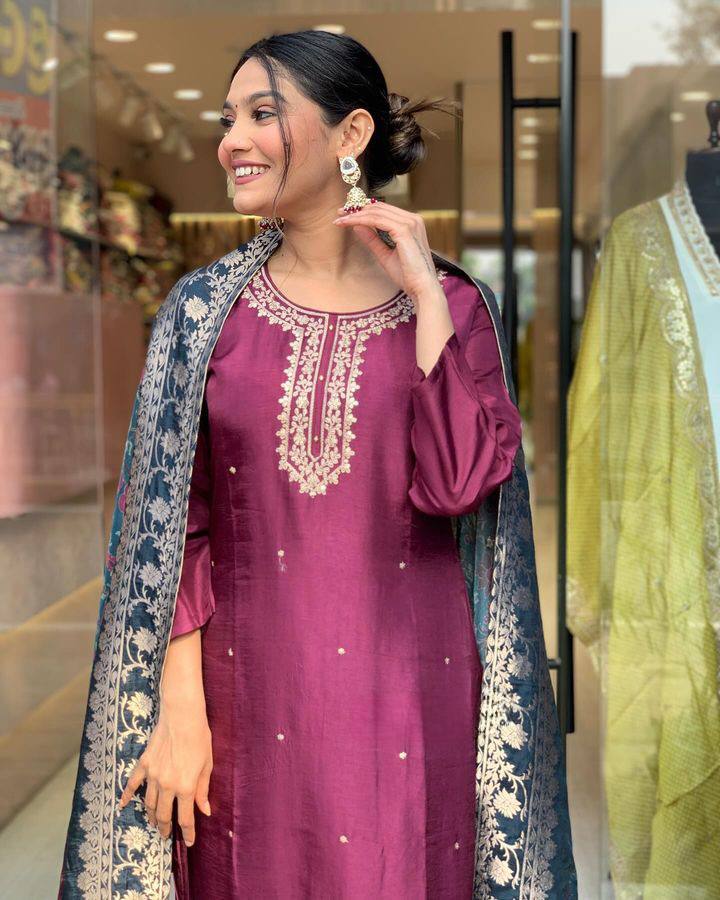 Elegant Burgundy Viscose Rayon Salwar Kameez with Embroidered Detailing | Perfect for Festive and Wedding Wear