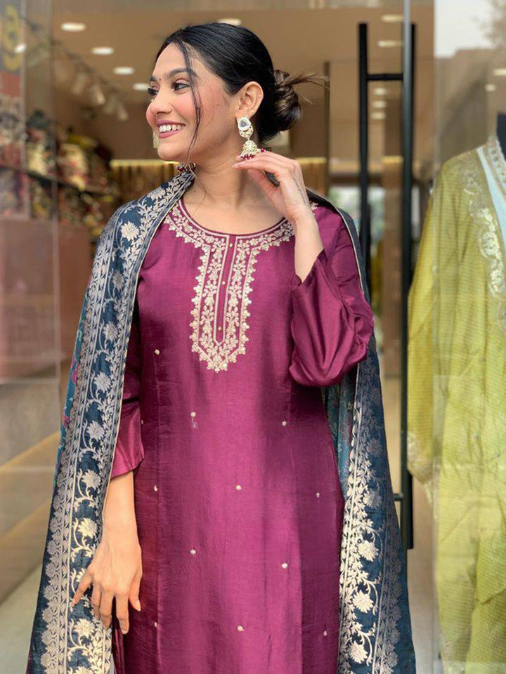 Gorgeous Burgundy Embroidered Rayon Pant Suit With Dupatta