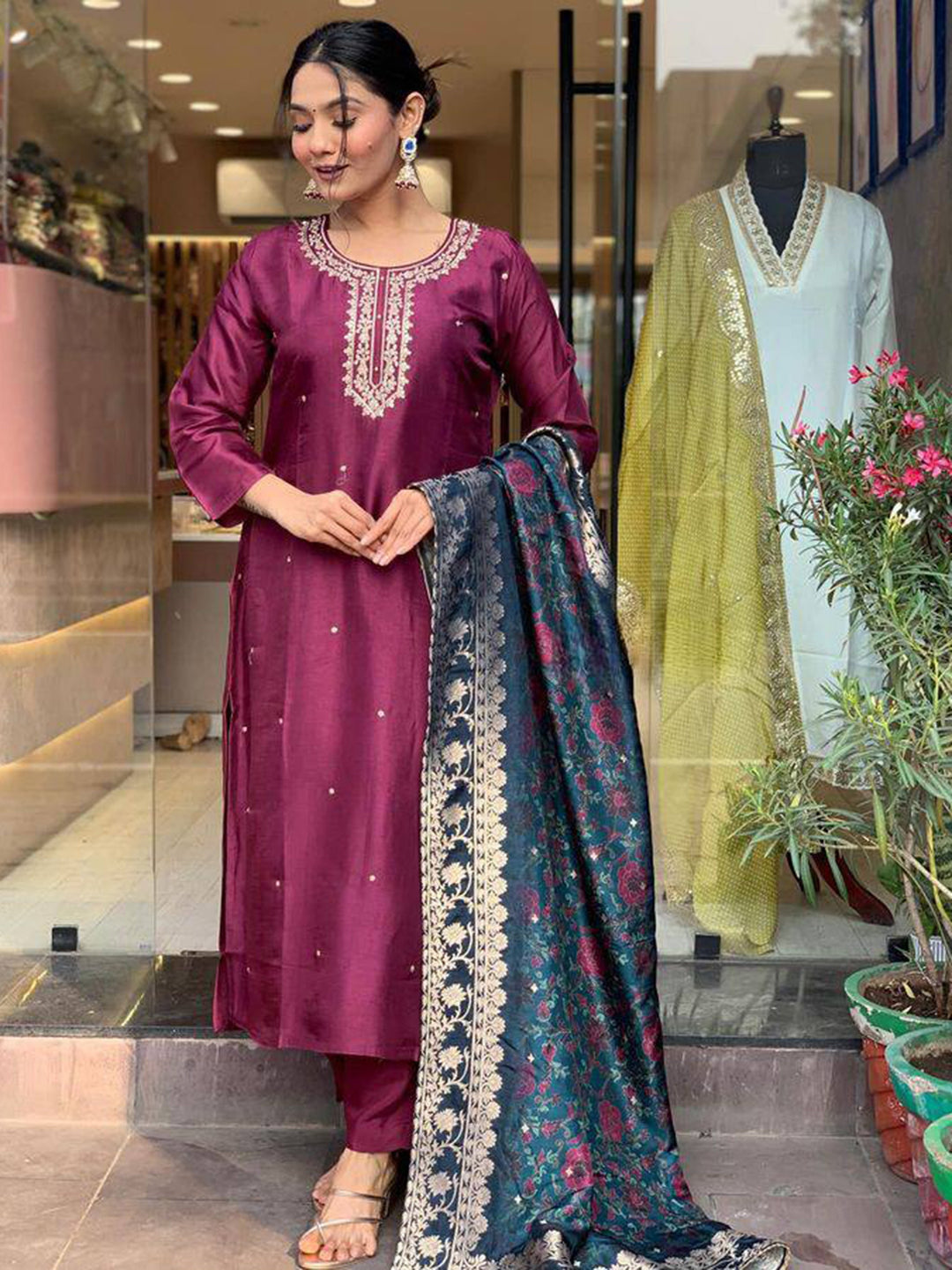 Gorgeous Burgundy Embroidered Rayon Pant Suit With Dupatta