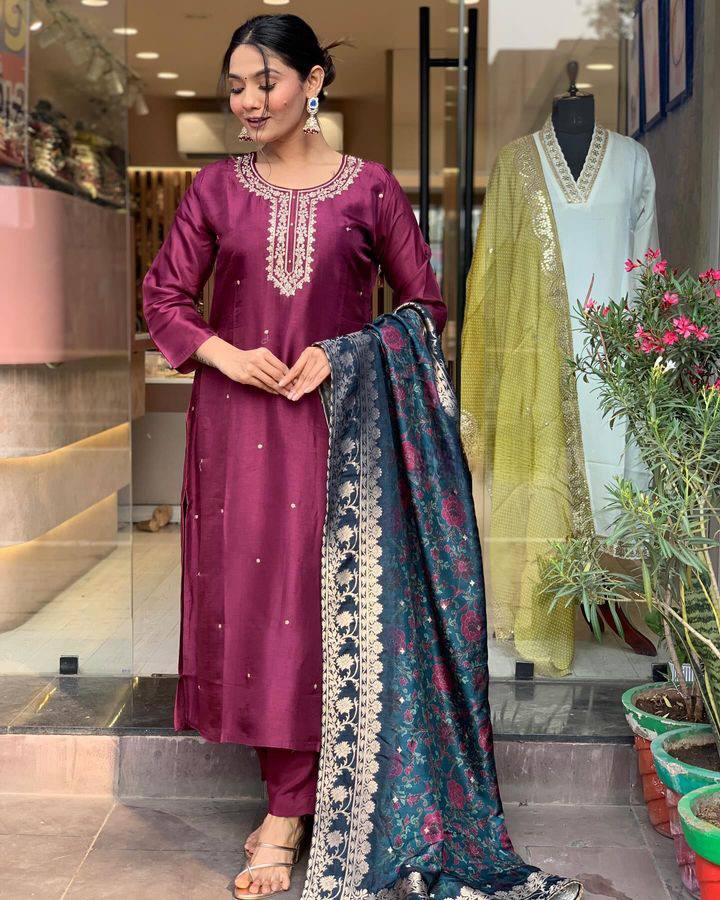 Elegant Burgundy Viscose Rayon Salwar Kameez with Embroidered Detailing | Perfect for Festive and Wedding Wear