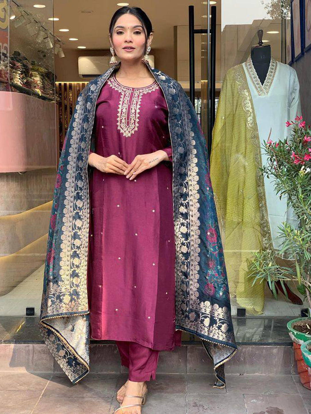 Gorgeous Burgundy Embroidered Rayon Pant Suit With Dupatta