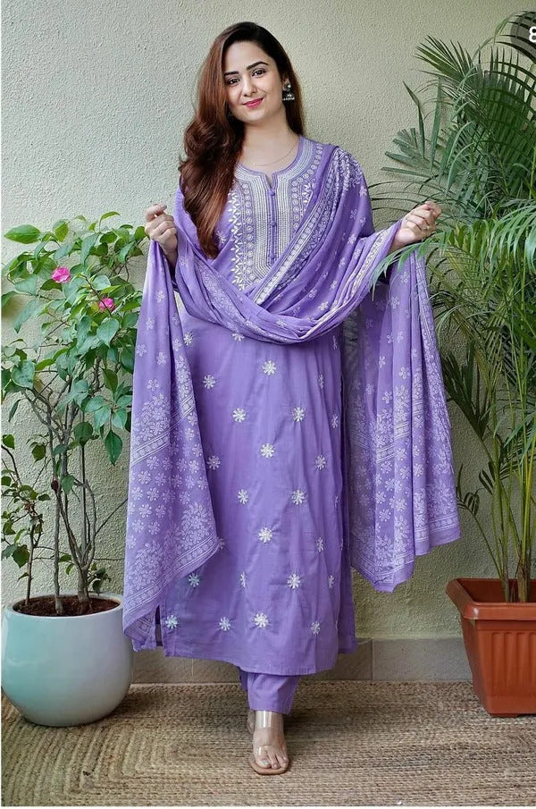 Lavender Cotton Salwar Kameez with Intricate Embroidery | Elegant Ethnic Wear for Women