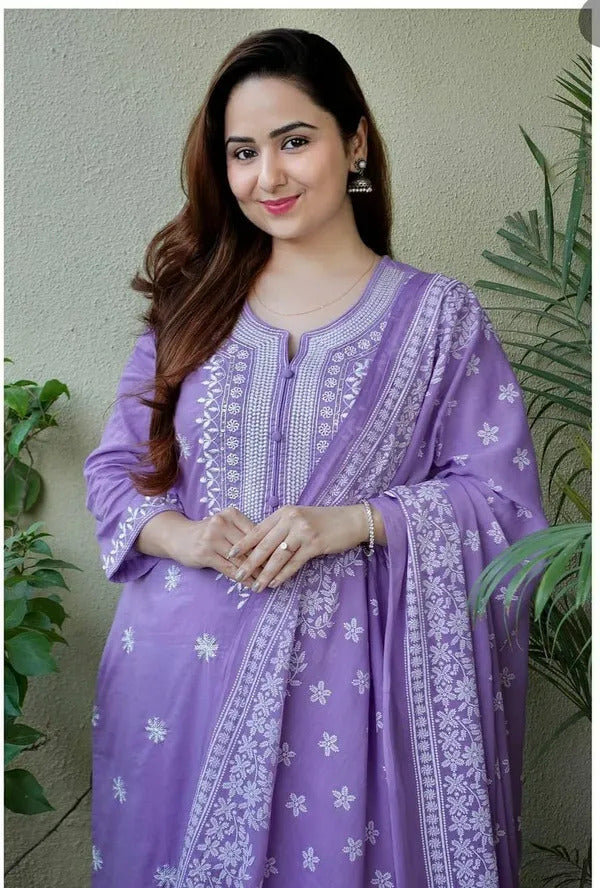 Lavender Cotton Salwar Kameez with Intricate Embroidery | Elegant Ethnic Wear for Women