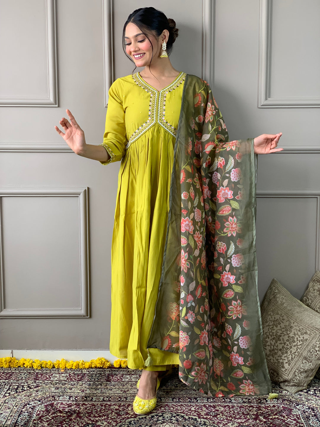 Lemon Viscose Chanderi Salwar Kameez with Floral Dupatta | Elegant Ethnic Wear