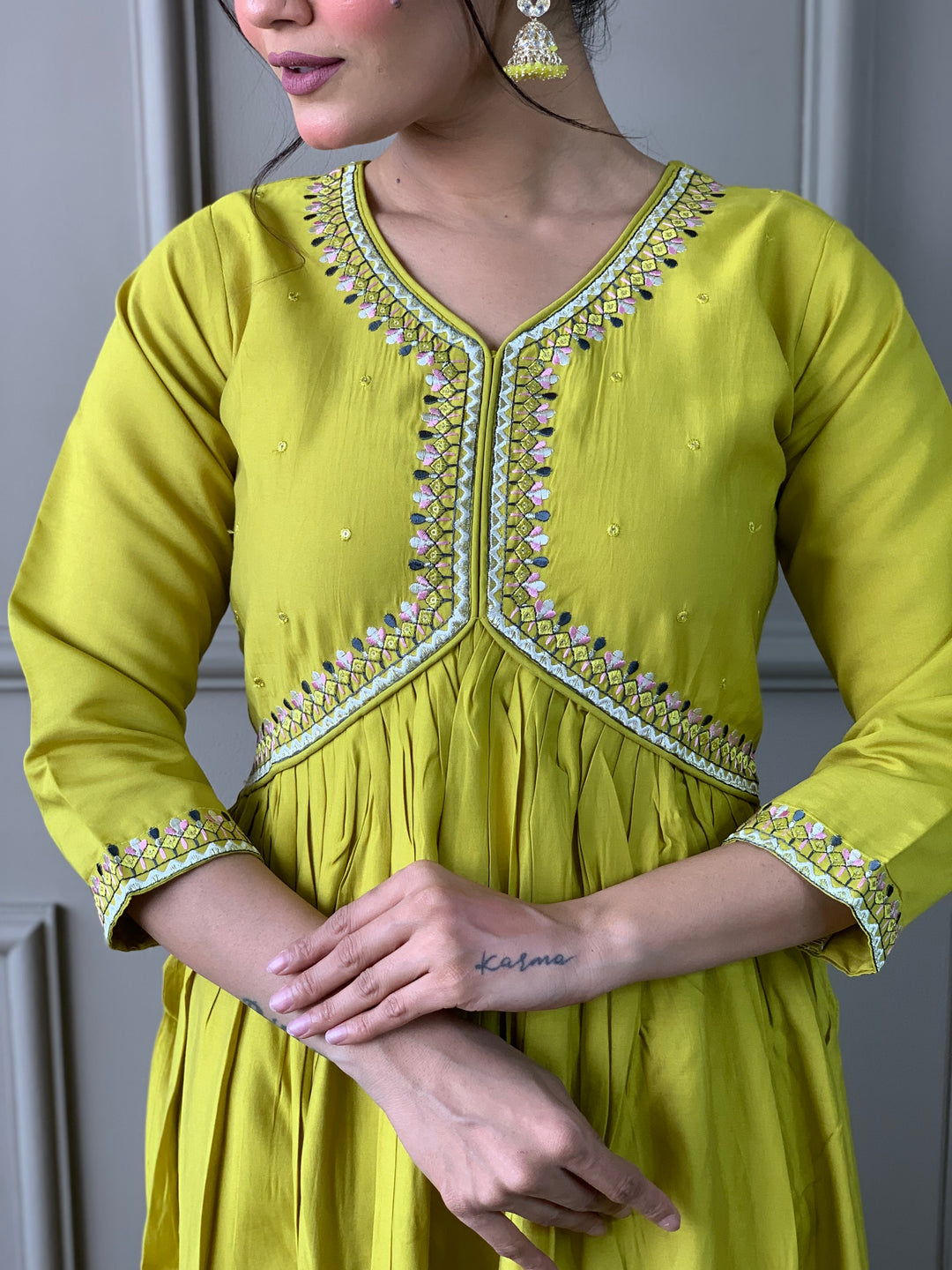 Lemon Viscose Chanderi Salwar Kameez with Floral Dupatta | Elegant Ethnic Wear