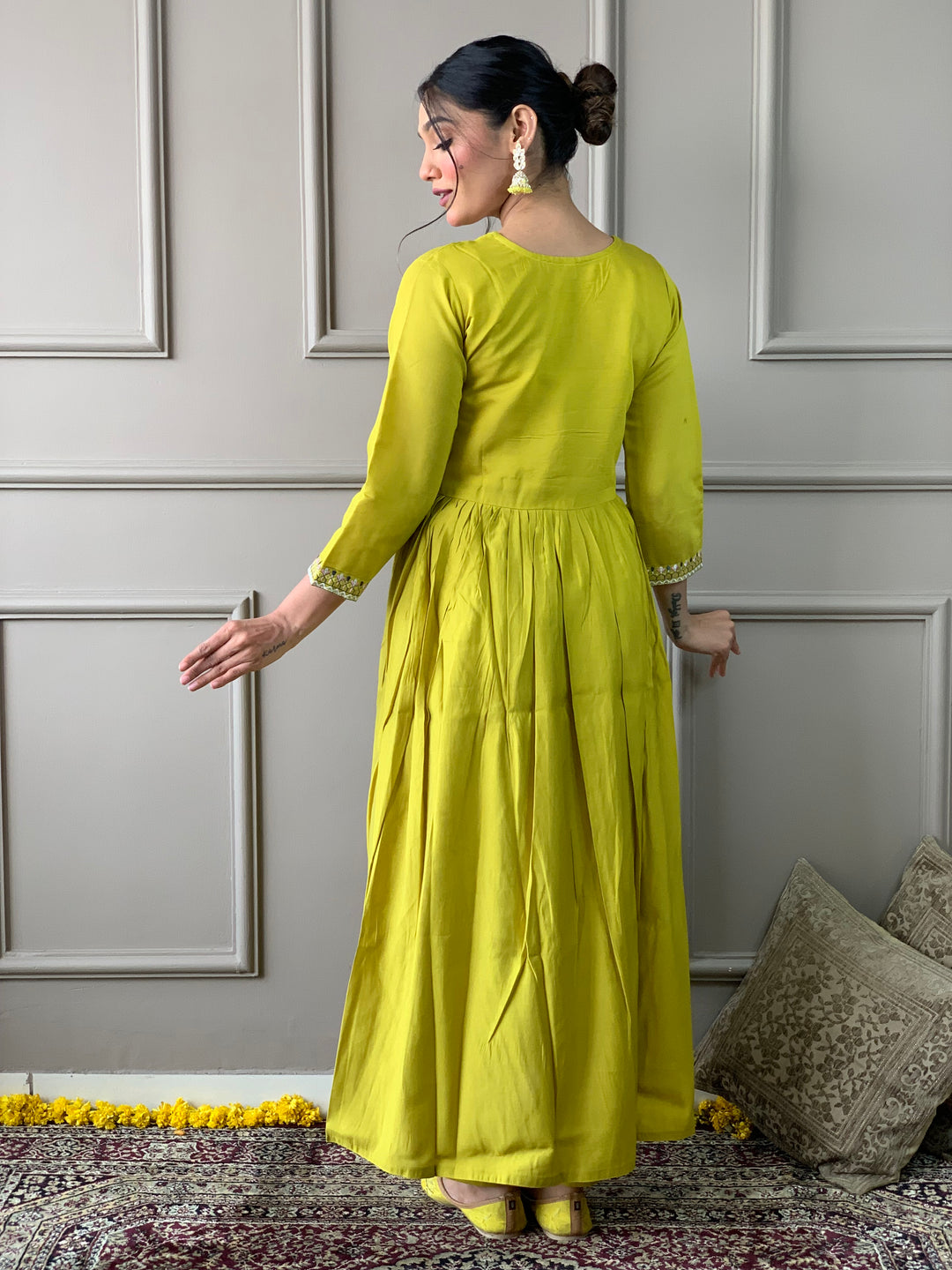 Lemon Viscose Chanderi Salwar Kameez with Floral Dupatta | Elegant Ethnic Wear