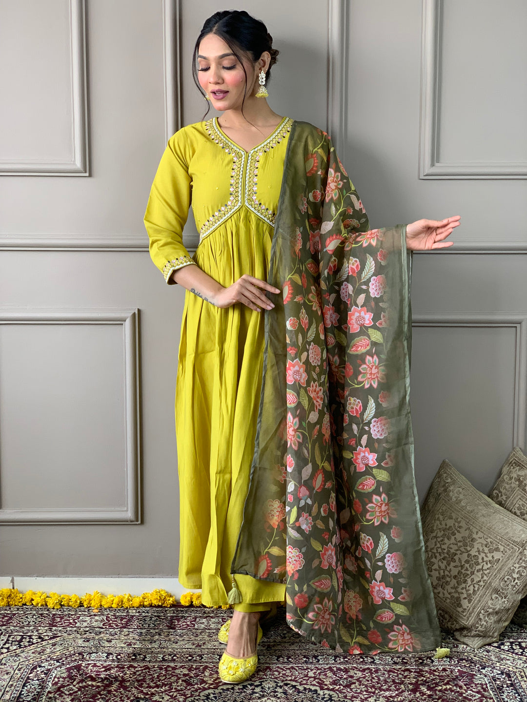 Lemon Viscose Chanderi Salwar Kameez with Floral Dupatta | Elegant Ethnic Wear