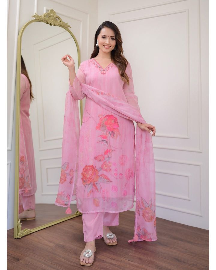 Elegant Organza Salwar Kameez with Floral Print and Delicate Embroidery | Perfect for Ethnic Wear