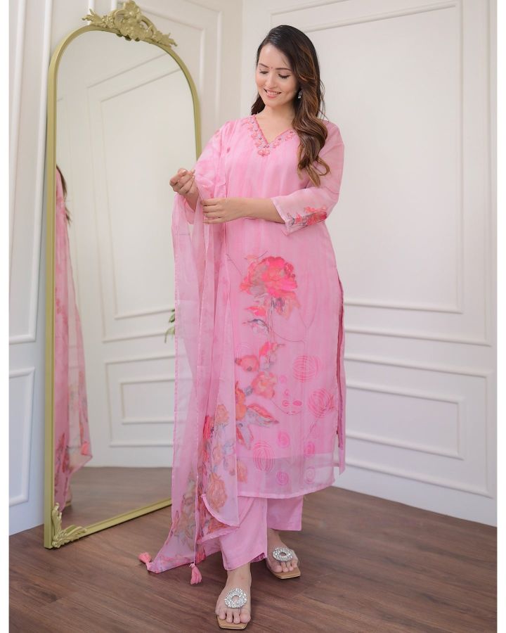 Elegant Organza Salwar Kameez with Floral Print and Delicate Embroidery | Perfect for Ethnic Wear