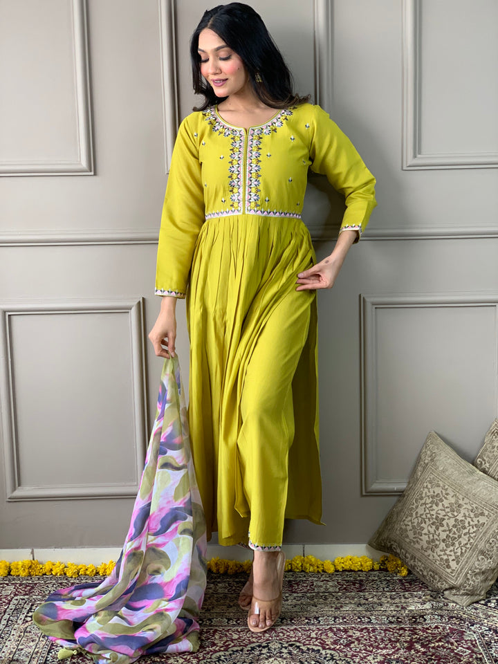 Lemon Viscose Chanderi Salwar Kameez with Floral Dupatta | Elegant Ethnic Wear