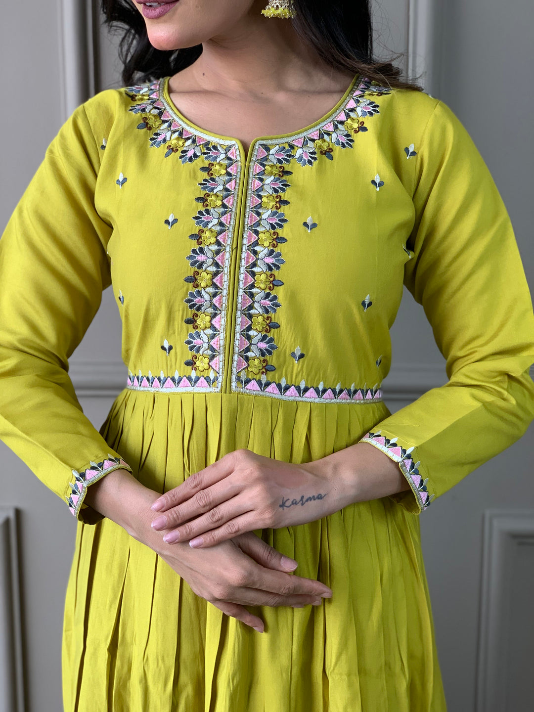 Lemon Viscose Chanderi Salwar Kameez with Floral Dupatta | Elegant Ethnic Wear