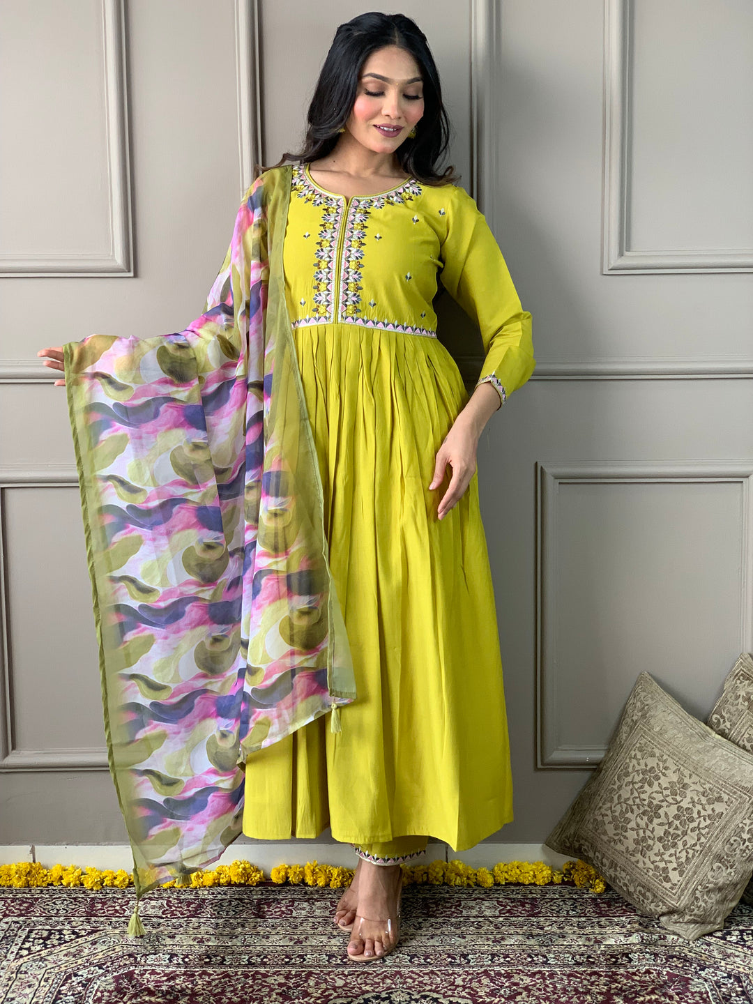 Lemon Viscose Chanderi Salwar Kameez with Floral Dupatta | Elegant Ethnic Wear