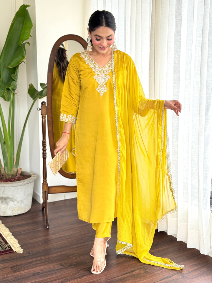 Yellow Chanderi Salwar Suit | Luxurious Embroidery & Stylish Dupatta