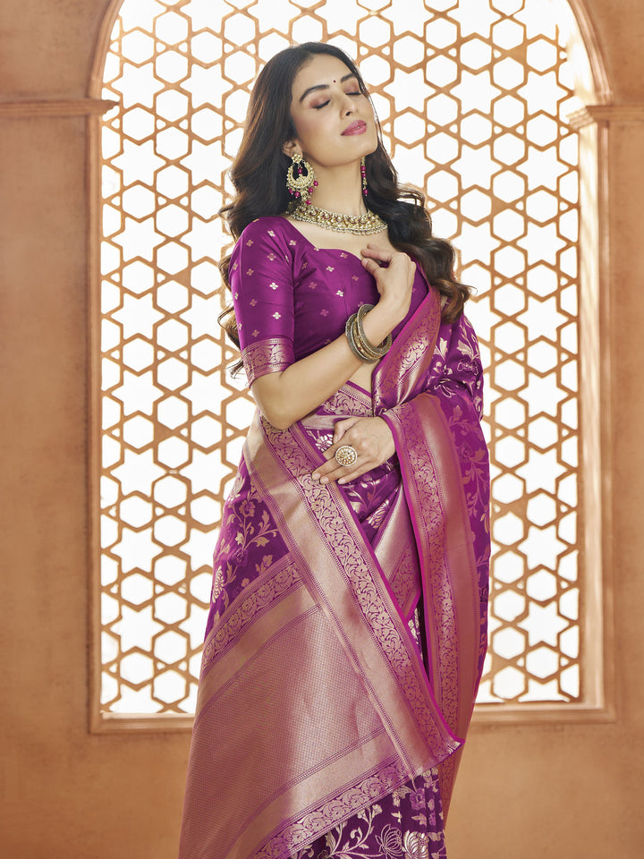 Sophisticated Purple Banarasi Silk Saree with Purple Blouse | Traditional Ensemble