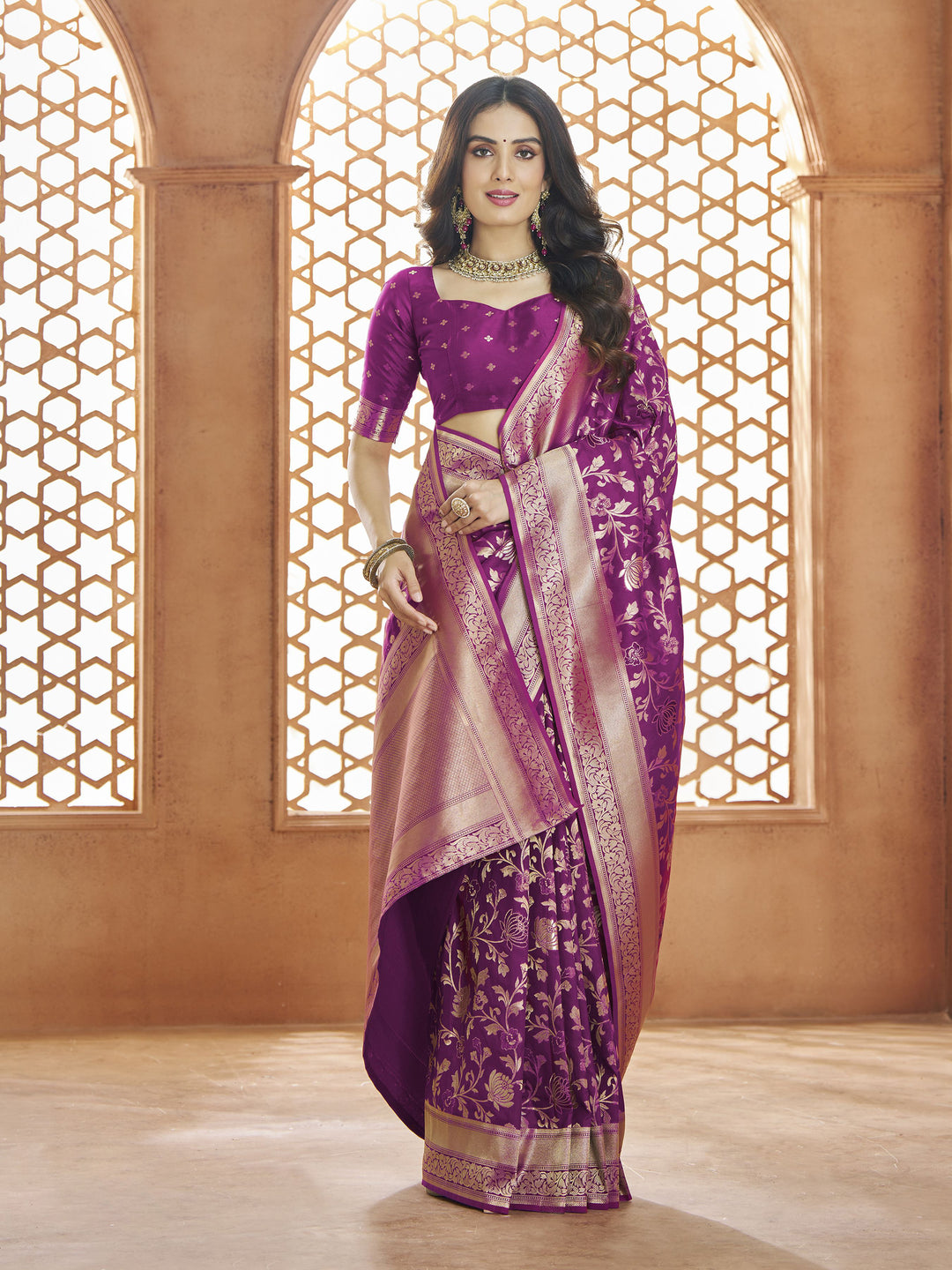 Sophisticated Purple Banarasi Silk Saree with Purple Blouse | Traditional Ensemble