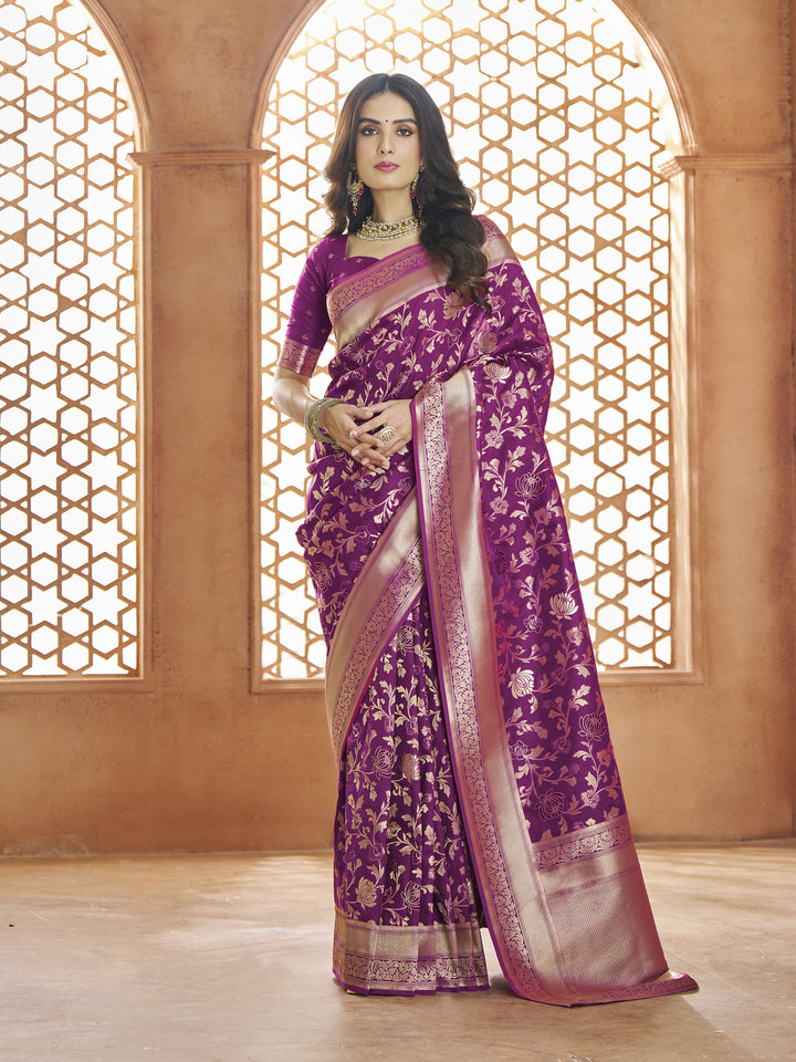 Sophisticated Purple Banarasi Silk Saree with Purple Blouse | Traditional Ensemble