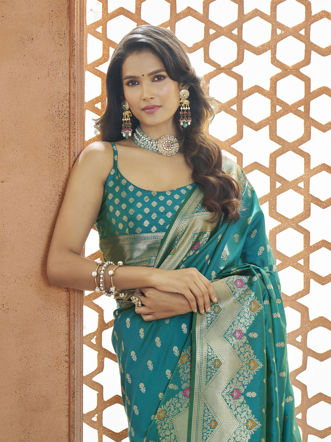 Gorgeous Teal Banarasi Silk Saree | Traditional Indian Sari for Weddings