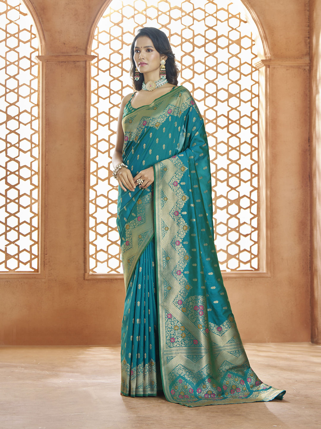 Gorgeous Teal Banarasi Silk Saree | Traditional Indian Sari for Weddings