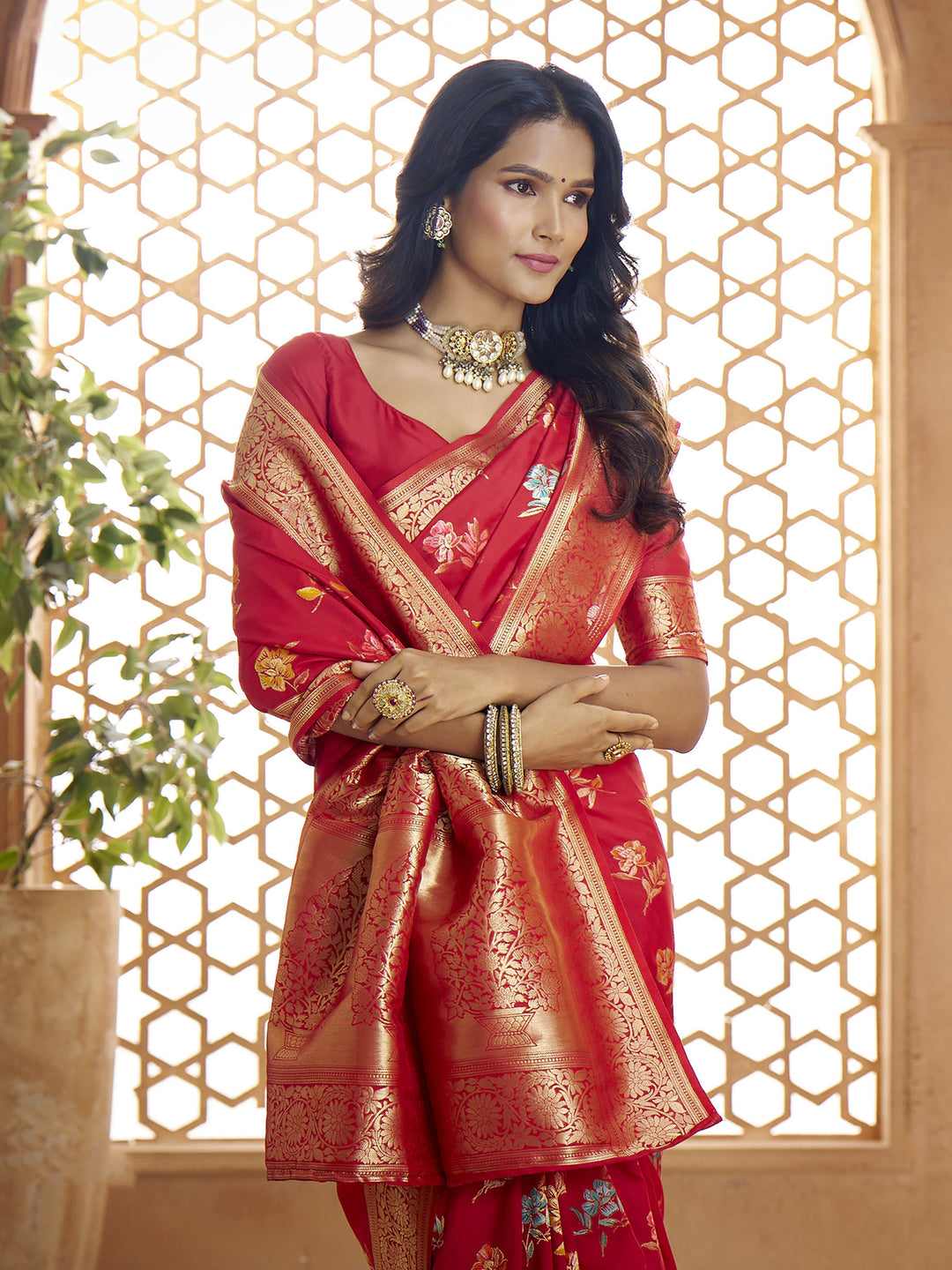 Red Banarasi Silk Saree with Red Blouse | Elegance Redefined for Weddings