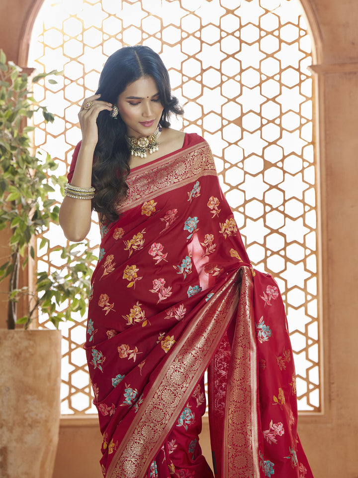 Red Banarasi Silk Saree with Red Blouse | Elegance Redefined for Weddings