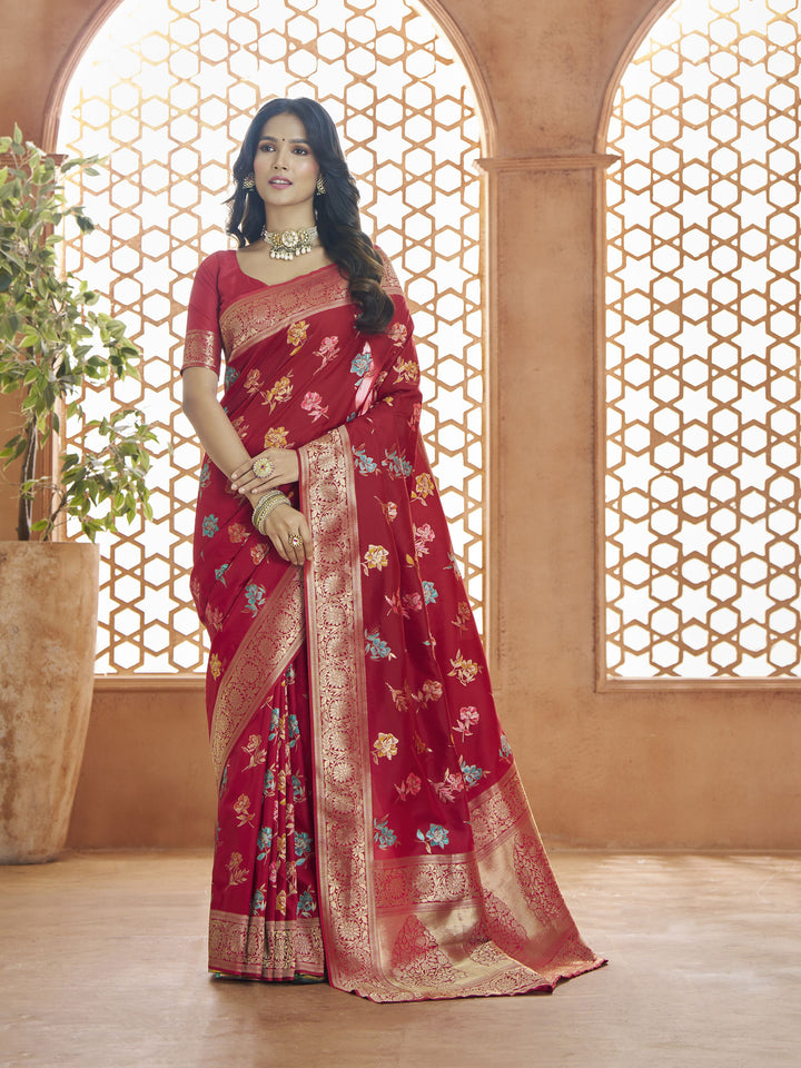 Red Banarasi Silk Saree with Red Blouse | Elegance Redefined for Weddings