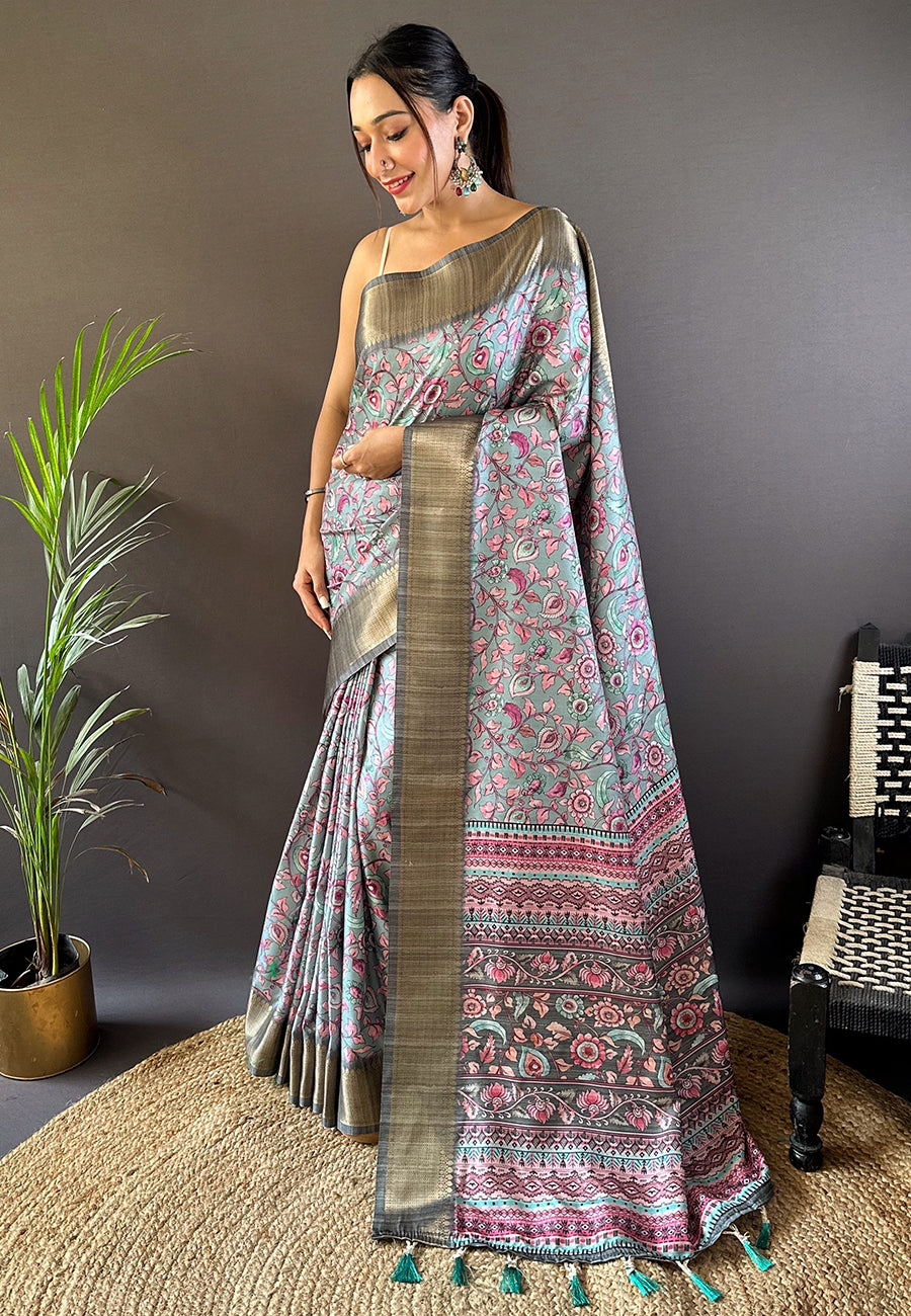 Tussar Silk Saree | Woven Jari Designer with Madhubani Print for Events