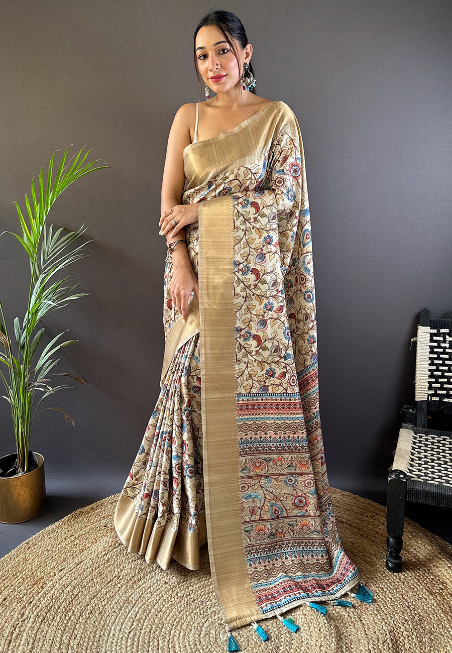 Tussar Silk Saree | Woven Jari Designer with Madhubani Print for Events