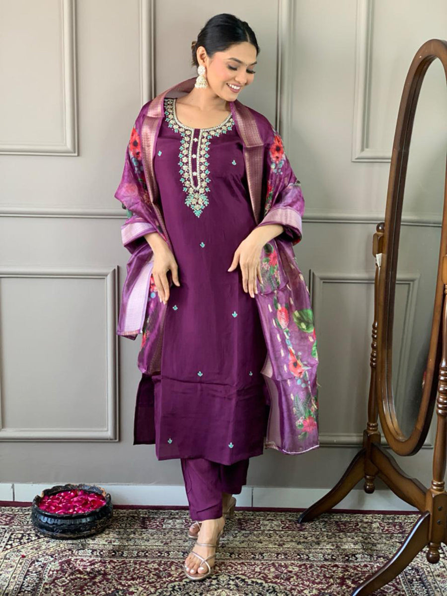 Beautiful Purple Embroidered Chanderi Silk Festival Wear Pant Suit