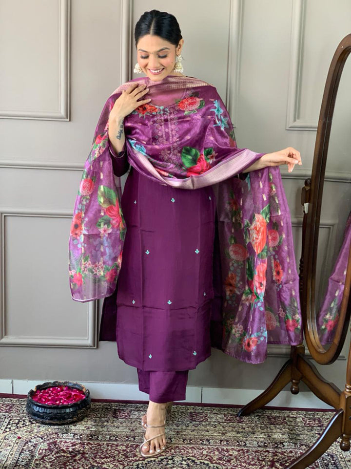 Beautiful Purple Embroidered Chanderi Silk Festival Wear Pant Suit