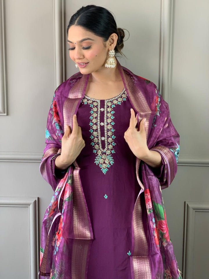 Beautiful Purple Embroidered Chanderi Silk Festival Wear Pant Suit