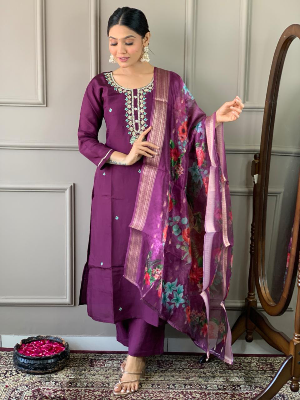 Viscose Chanderi Salwar Kameez with Intricate Embroidery & Floral Dupatta